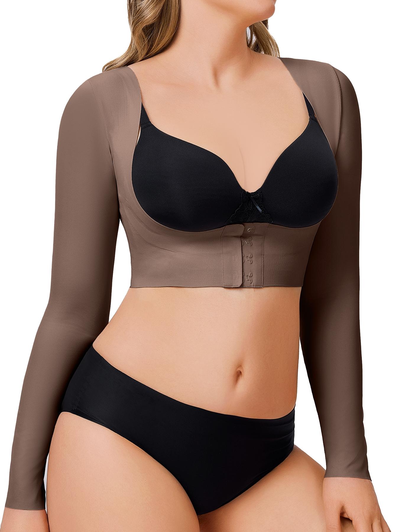 Women's Plain Open Bust Shapewear Crop Tee, Adjustable Hooks Push Up Chest Long Sleeve Shaper Top, Ladies Shapewear for All Seasons