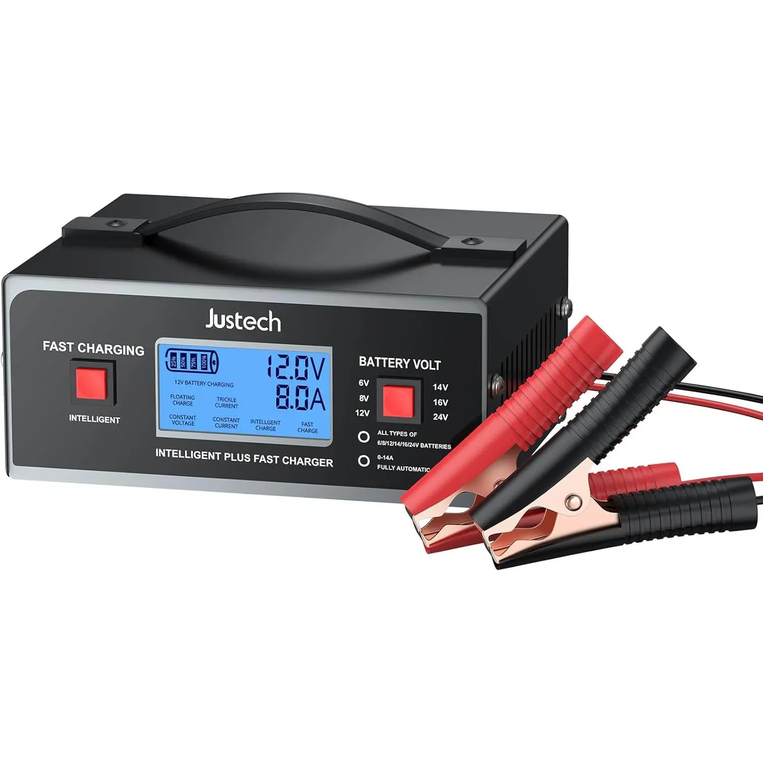 Justech Smart Car Battery Charger 6/8/12/14/16/24V 10A Fully Automatic Battery Maintainer, Heavy Duty Trickle Charger Auto Charging Safe for Car Motorcycle Lawn Mower AGM Gel STD Lead Acid Batteries