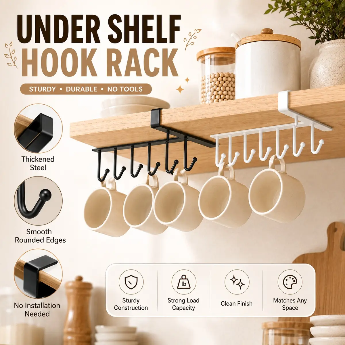 Metal U-Shaped Iron Cup Hooks (2-Count, One Size) - Traceless Under-Cabinet Hanging Accessory with Prop Wooden Design, Space-Saving Organizer for Kitchen, Bathroom, Hanging Rack