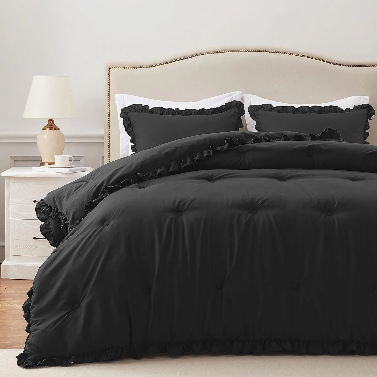 Queen Comforter Ruffle Black, Fluffy Queen Bedding, 3 Pieces Shabby Chic Comforter Set(1 Comforter & 2 Pillow Shams)