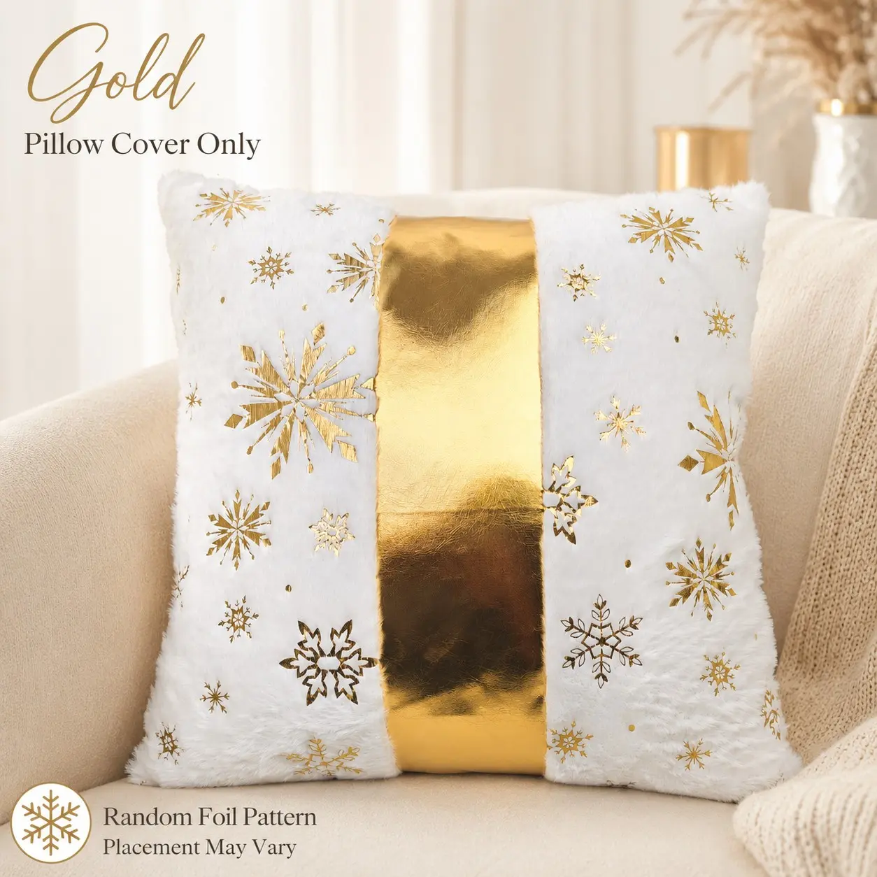 Plush Pillowcase with Gold/silver Color Snowflake Design, Reusable Christmas Decorative Cushion Cover, All Seasons, No Insert Included