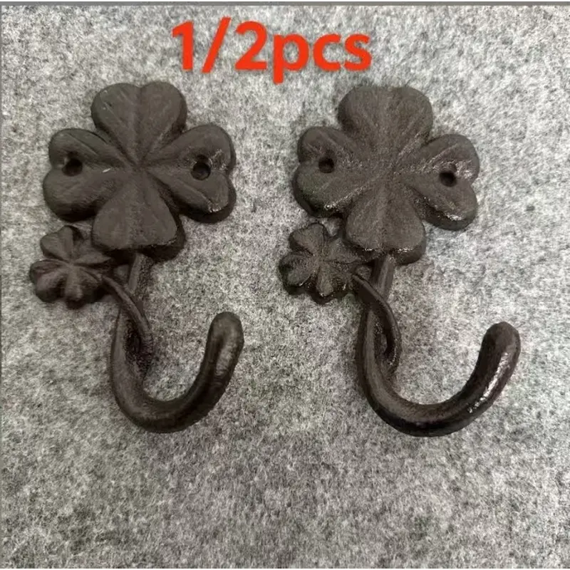 1/2pcs retro wrought iron four-leaf clover cast iron hook coat hook key hook wrought iron hook courtyard wall personalized decoration hook, suitable for school season Mother's Day gift hook creative plant series hook.