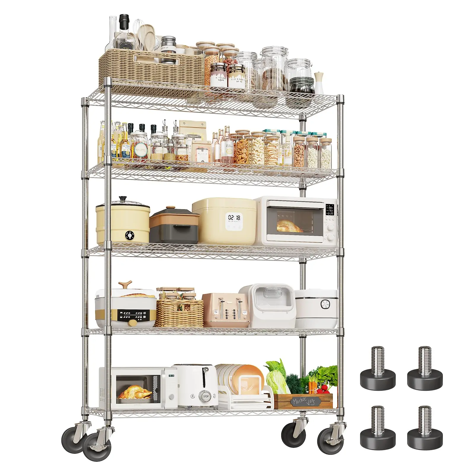 5-Tier Rolling Storage Shelf – Heavy Duty Metal Utility Shelving Unit on Wheels for Garage, Kitchen, Warehouse & Pantry Organization