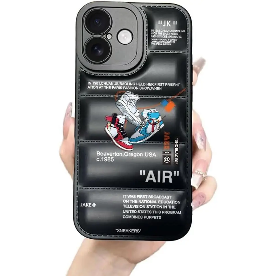 Ins Off Sports Shoes Brand Puffer Phone Case Compatible with iPhone 17 Case 6.3 inch, Funny Sneakers White Label Graphics Aesthetic Soft Silicone Shockproof Full Body Drop Protection Cover, Tpu