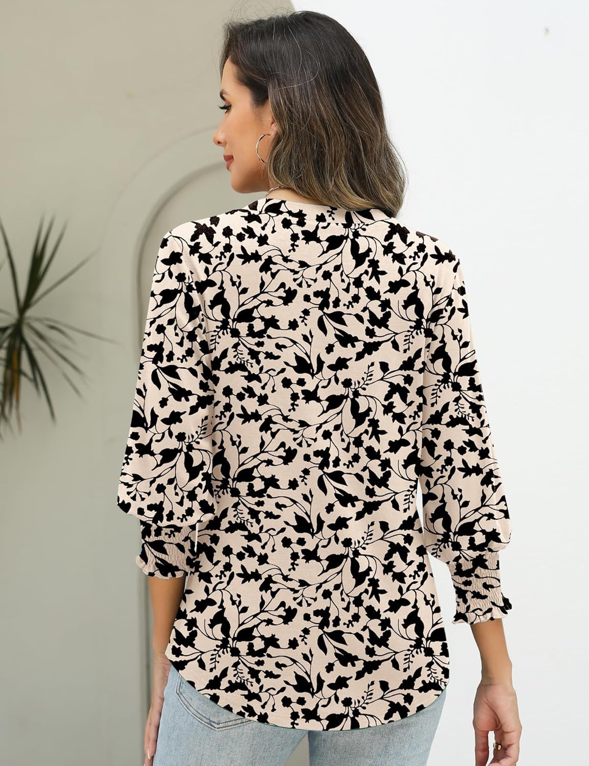 3/4 Length Sleeve Womens Tops Summer Fashion V Neck Business Casual Blouses Smocked Shirts