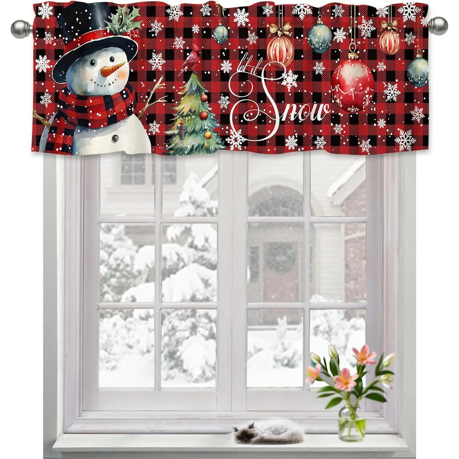 Christmas Valance for Windows Red Let It Snow Snowman Rustic Buffalo  Christmas Curtains Kitchen Valances Rod Pocket Short Curtain for Living Room Bedroom Decor Xmas Decorations 13" X 54"