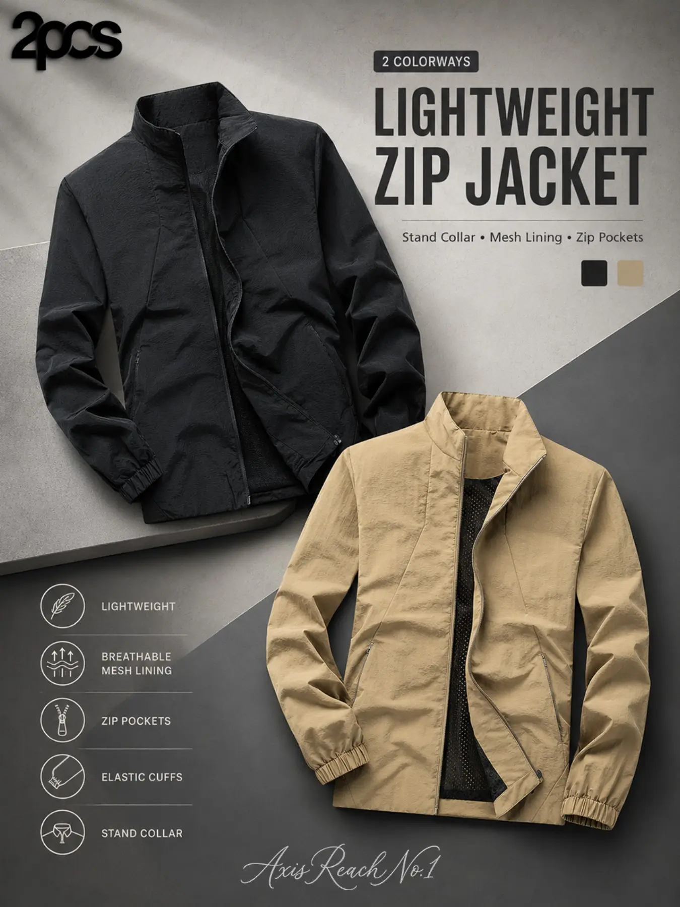 AR Men’s Lightweight Windbreaker Jacket, Windproof Water-Repellent Full Zip Stand Collar with Breathable Mesh Lining & Zip Pockets for Golf, Pickleball, Hiking, Cycling, Travel & Daily Wear