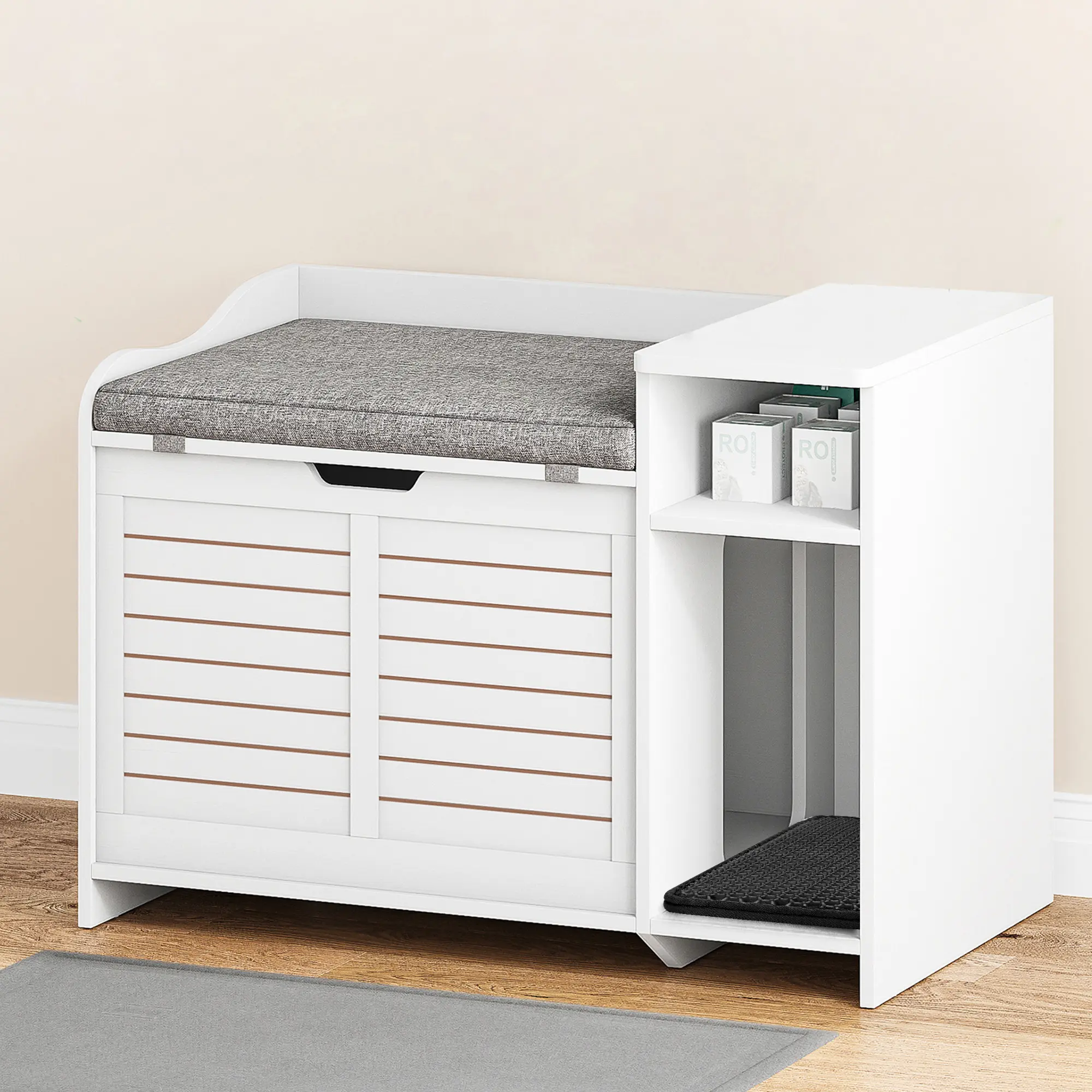Wooden Cat Litter Box Enclosure with Flip-Top – Storage Shelf, Litter Mat & Cushion, Covered Washroom Cabinet for Large & Heavy Cats