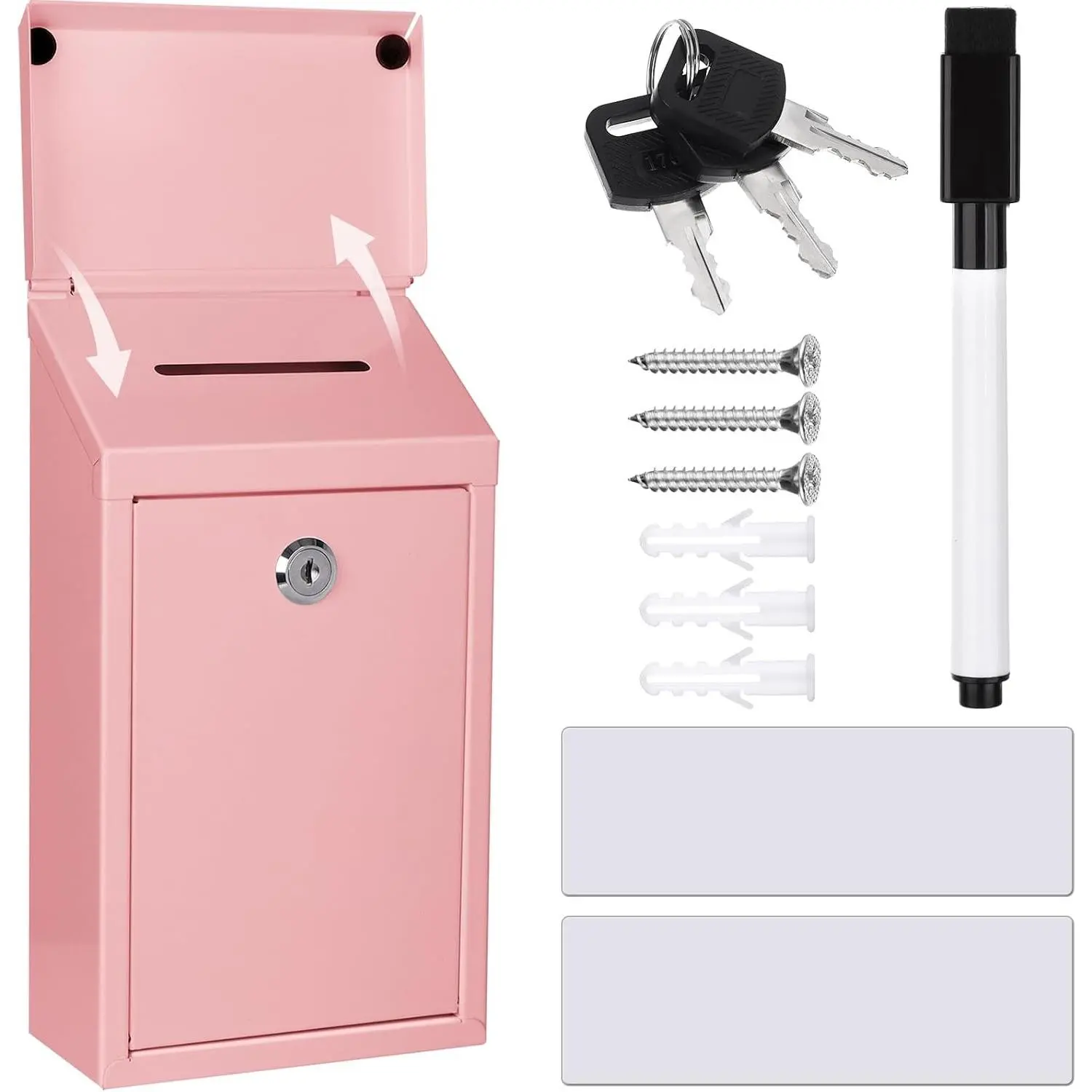 Wall Mount Waterproof Metal Donation Box, Secure Charity Steel Collection Box with Top Slot Lock & Keys, Suggestion Mailbox for Home Office, Pink 10.2 x 5.7 x 2.9 Inch
