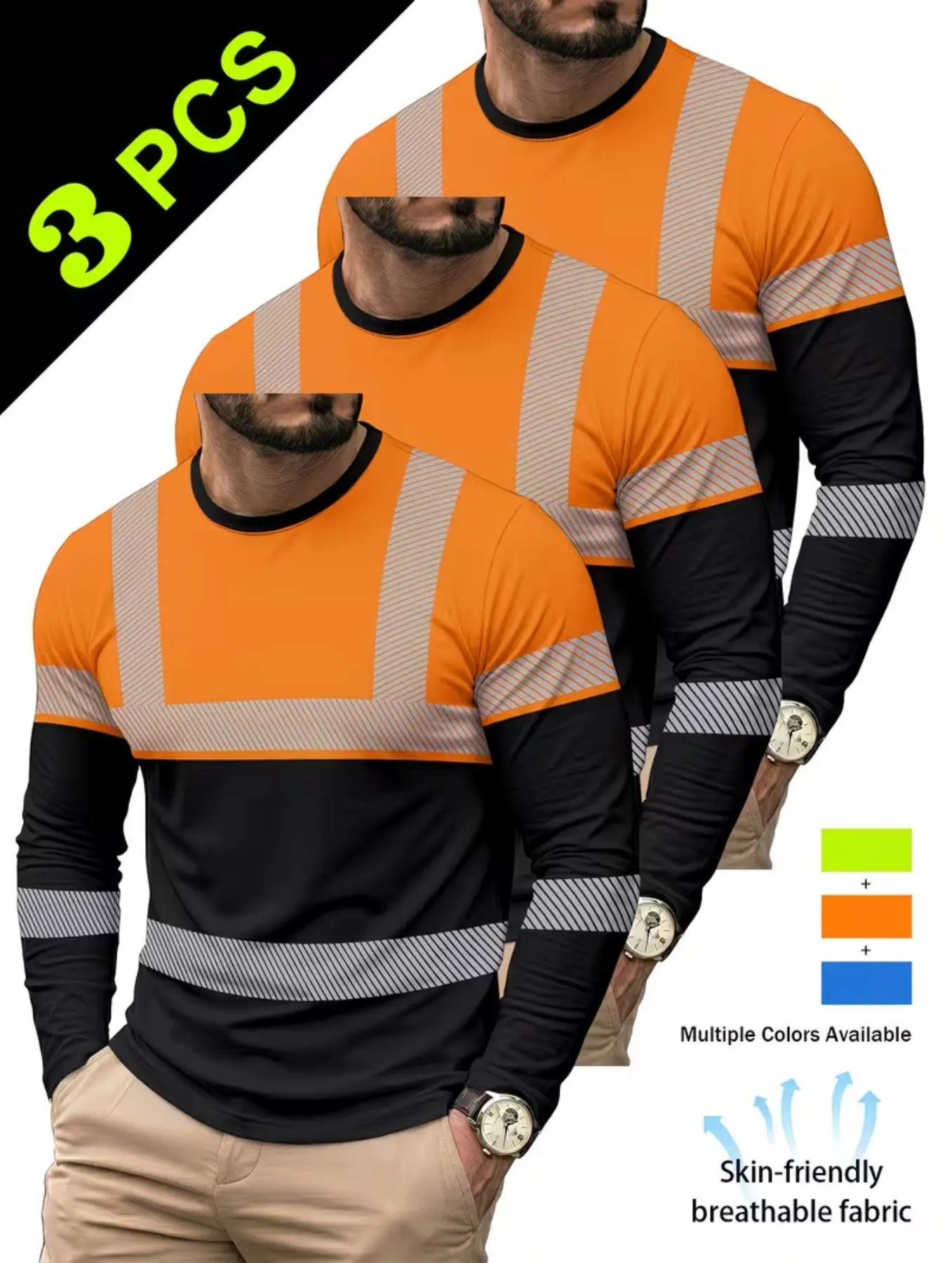 3-Pack Men's Casual Sport T-Shirts, Neon &, Royal Blue Options, Casual Workout Tops, Breathable Fabric, Long Sleeve, Bold Print Design, Breathable Workout Shirt