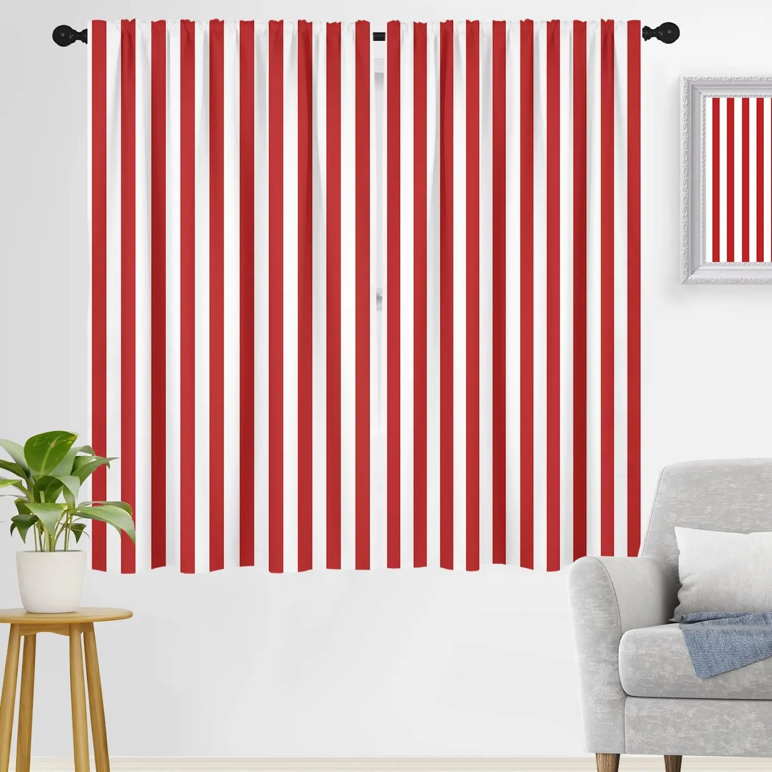 Striped Window Wide Red White Christmas Farmhouse Pinstripe Art Line Simple Minimalist Cute Pattern Style 52" W x 63" L for Bedroom Living Room 2 Panels Rod Drapes