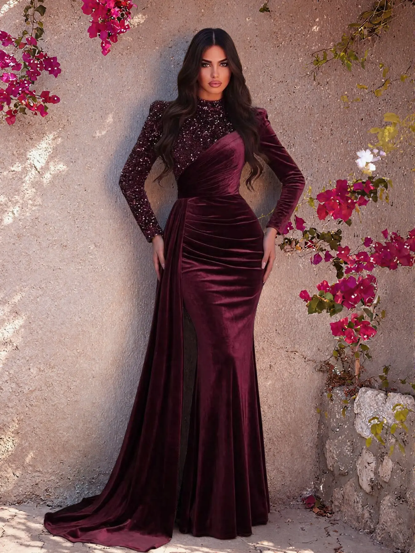 Elegant Velvet Sequin Patchwork Mermaid Long Formal Evening Gown, Perfect for Parties, Fashionable and Luxurious, Ideal for Special Occasions