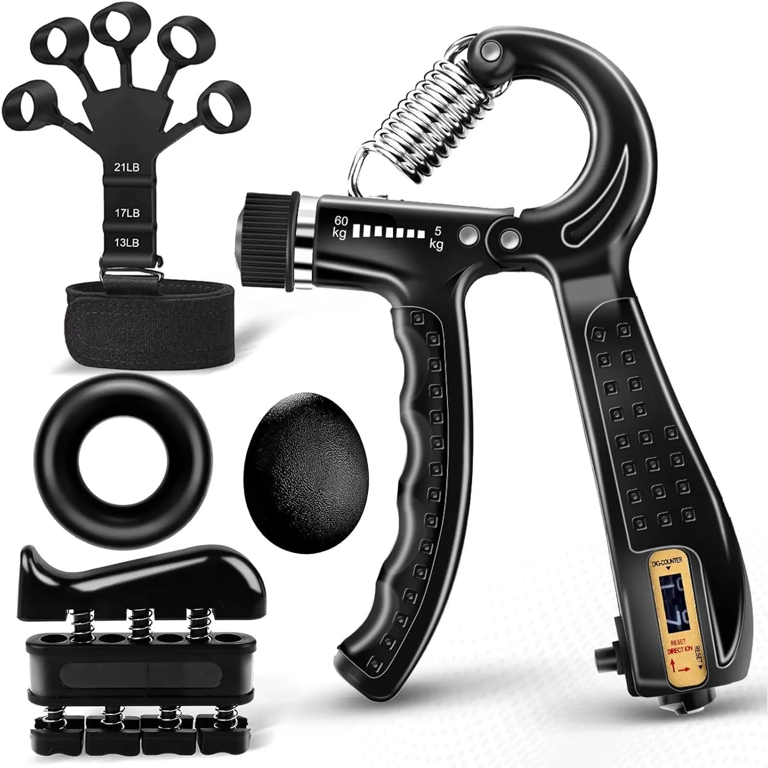 5 PCS Grip Strength Trainer Kit, Hand Gripper Strengthener, Forearm Strengthener, Finger Strengthener, Finger Exerciser, Stress Relief Ball, Forearm Workout Ring  Muscle Building and Injury Recover
