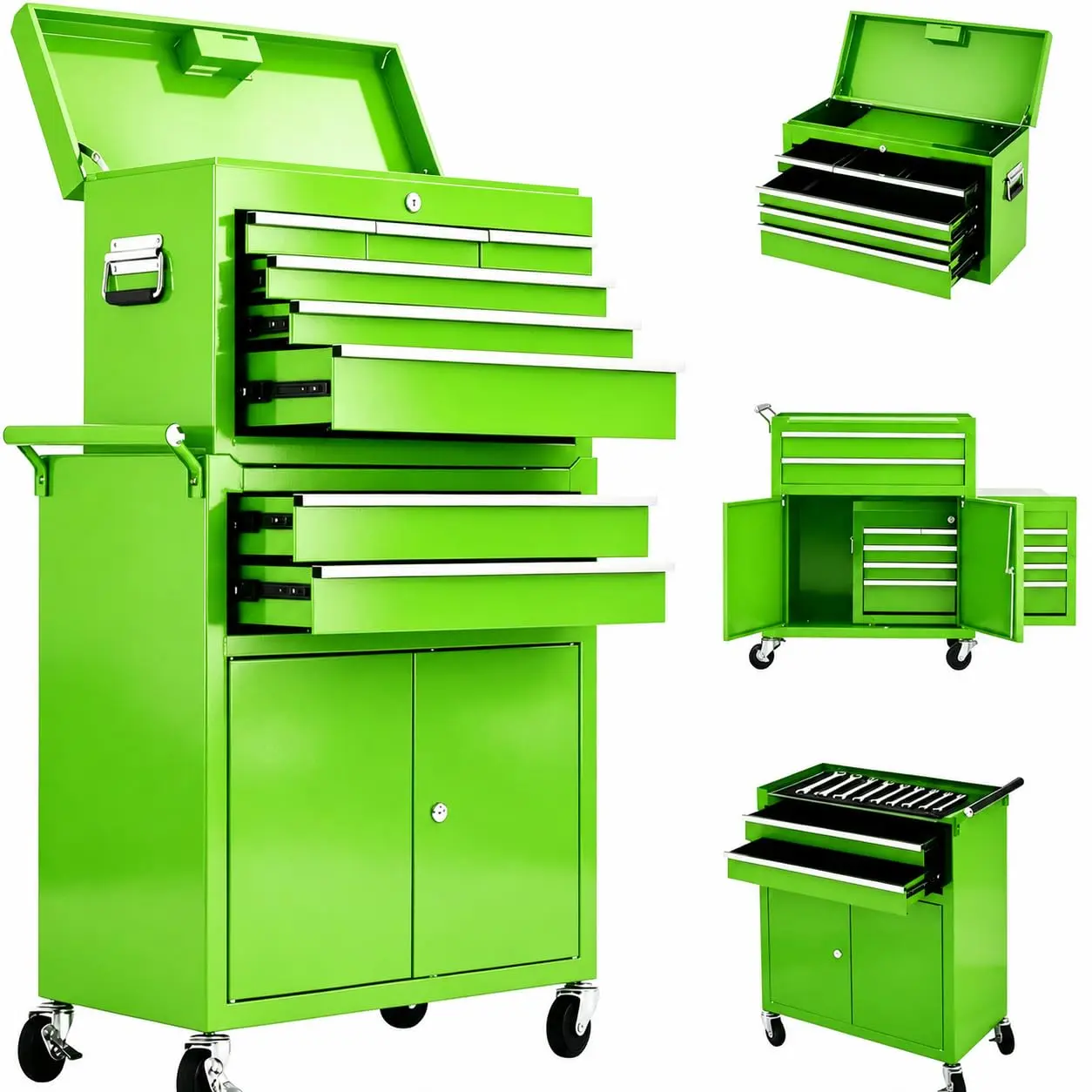 Garvee 8-Drawer Rolling Tool Chest, 2-in-1 High Capacity Tool Storage with Detachable Top Cabinet, Locking System, Wheels and Liners for Garage, Workshop, Green