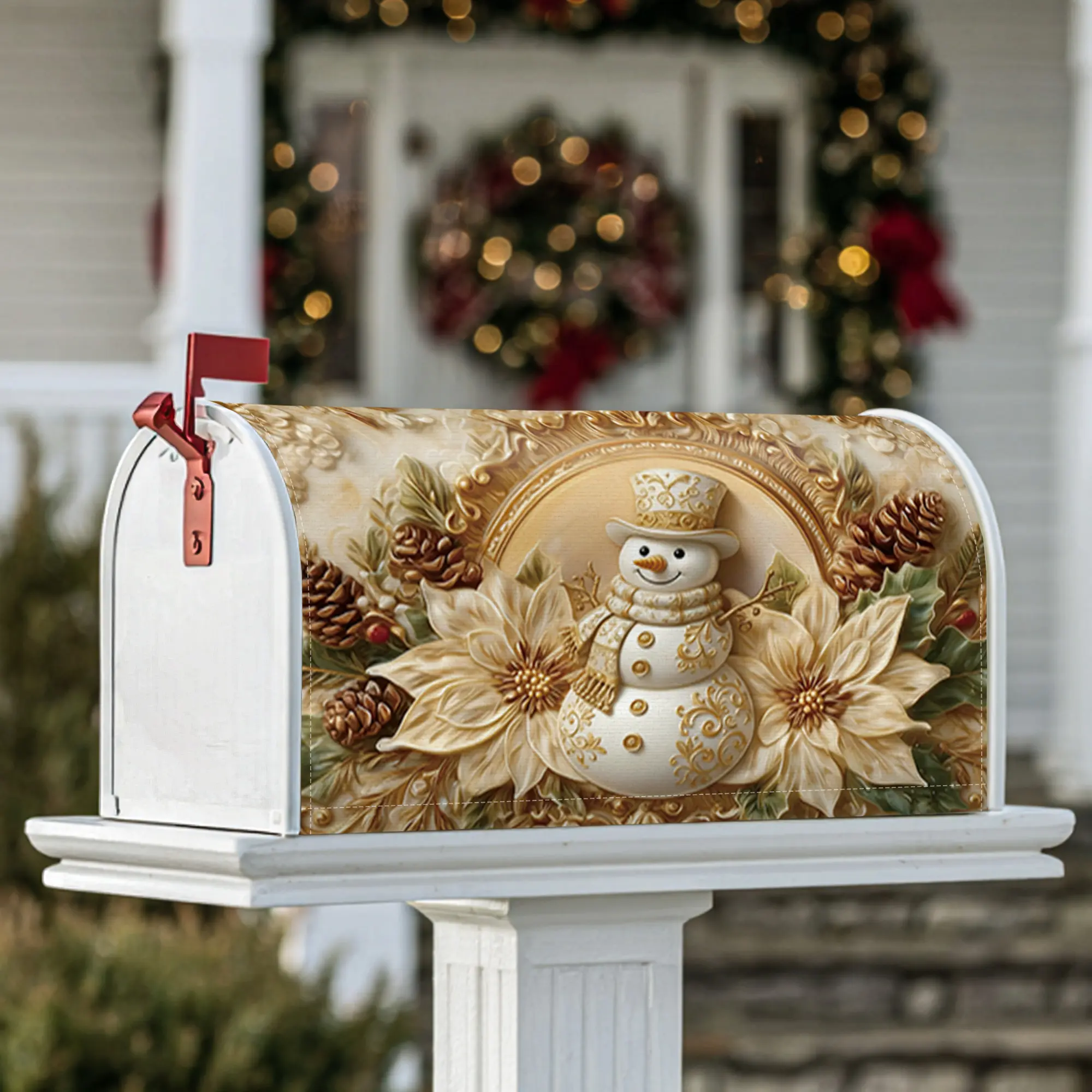 snowman Magnetic Mailbox Covers, Christmas festive poinsettia pine cones Christmas gold Mailbox Post Protector for Outdoor Garden Yard Decor
