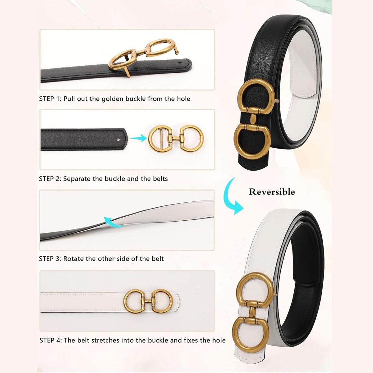 AWAYTR Elegant Reversible Belt for Women Two-in-One Ladies Fashion PU Leather Belts with Horseshoe Buckle for Jeans Dress Style