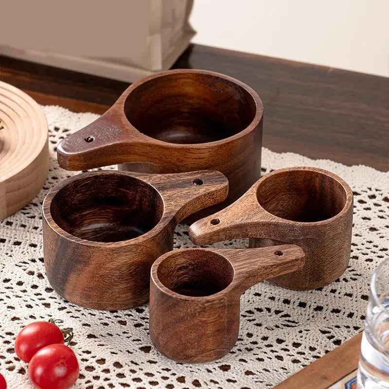 4-piece set: 1 cup, 1/2 cup, 1/3 cup, and 1/4 cup coffee spoons; suitable for measuring flour, tea, and oatmeal; multifunctional wooden spoons