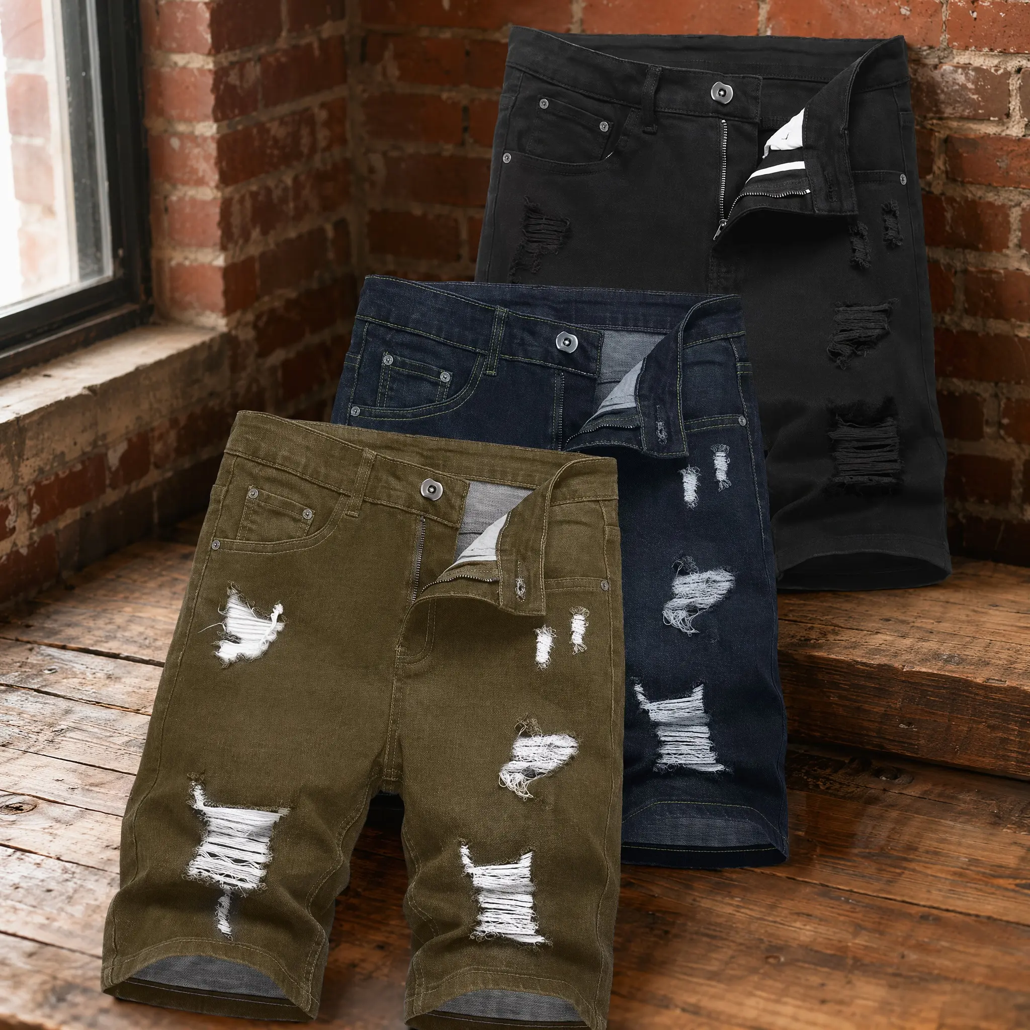 3-PACK Men's Stretch Denim Shorts, with button closure and zipper fly, moisture-wicking, stretch twill fabric shorts, reinforced seams, double-stitched, casual summer walking shorts