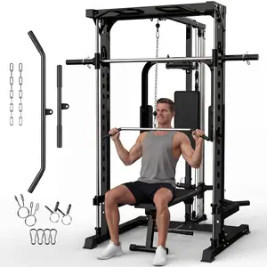 Heavy Duty Smith Machine Power Cage Squat Rack for Home Gym – Includes LAT Pulldown, Low Row, Pull-Ups, Bench Press & Rows – Complete Strength Training Equipment, Black