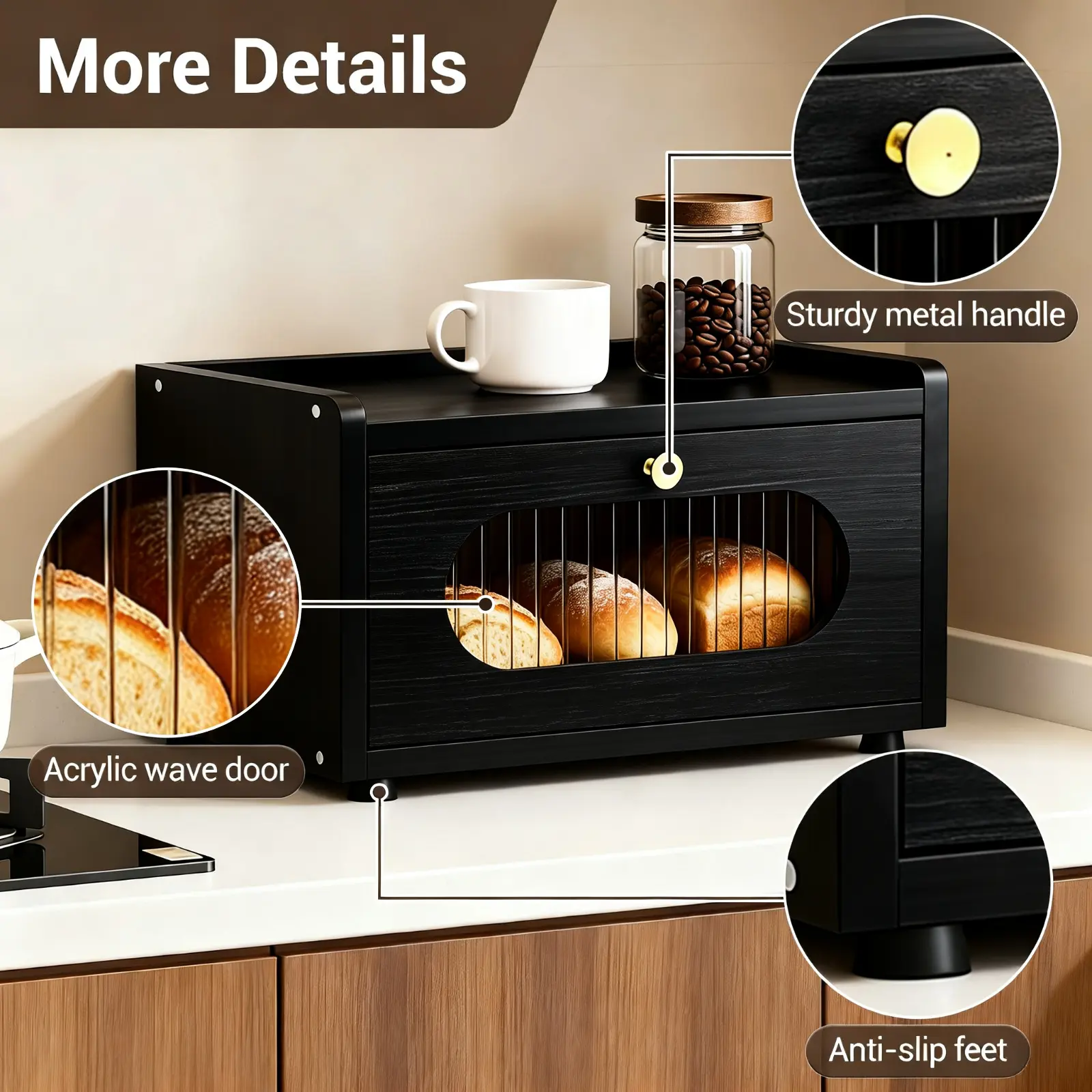 Stackable Wooden Bread Container for Kitchen Countertop – Drawer & Acrylic Window – Magnetic Lock, Ventilated, Easy to Assemble – Fits Under Cabinet – Food Storage Organizer, Brown