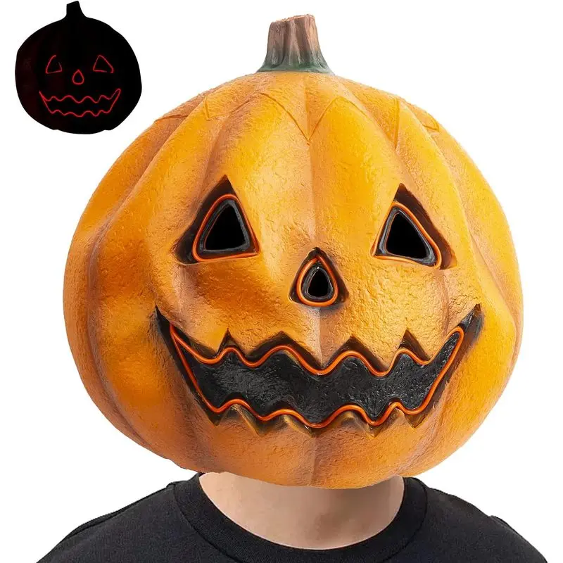 LED Light-Up Rubber Pumpkin Full Head Mask, Adult Halloween Party Costume Wear Accessory, Latex Jack-O’-Lantern for Haunted House Decor