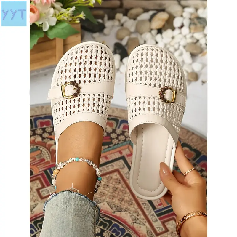 YYT1  Open-Toe Hollow Out Sandals Women, Breathable Soft Sole Flat On, Lazy Home Casual Flip Flops