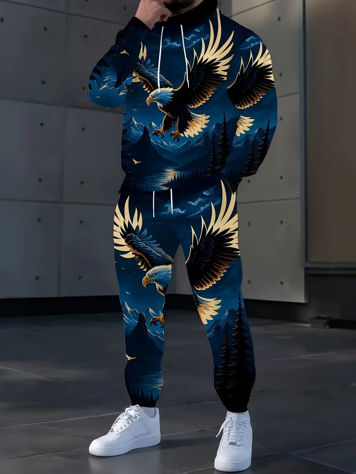 Dark Color Eagle Print Hooded Sweatshirt Sport Set, Stylish Comfortable Two-Piece, Perfect for Casual Wear, Graphic Tracksuit Set