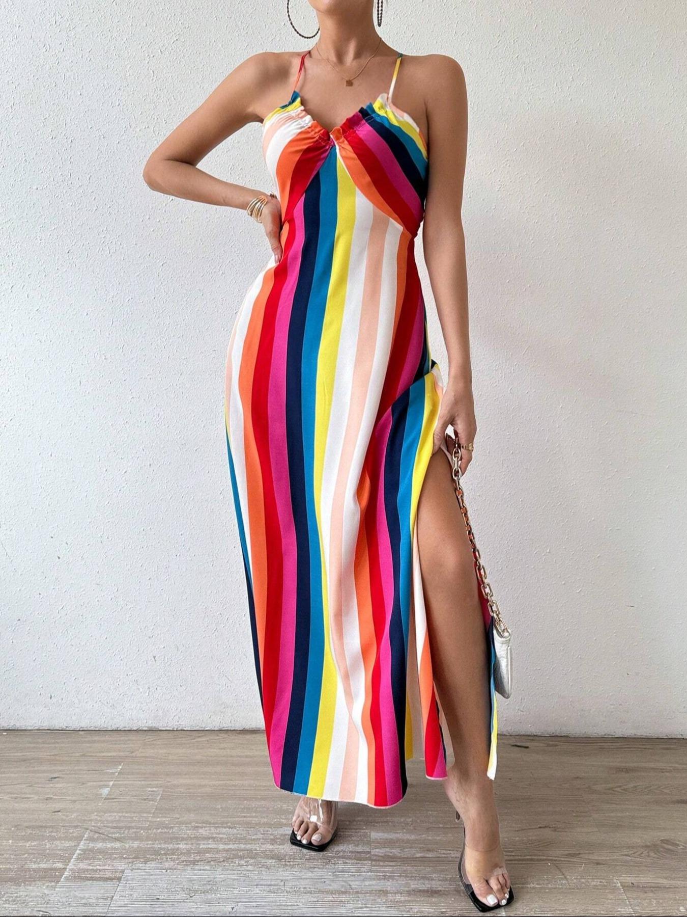 Women's Printed Split Long Sleeveless Dress, Classic Stripe Design, Backless Criss Cross Strap, Spring Summer Fall Wear, Casual Boho Elegant Bohemian Style Womenswear, Boho Summer Dresses Women's Printed Split Long Sleeveless Dress, Classic Stripe Design, Backless Criss Cross Strap, Spring Summer Fall Wear, Casual Boho Elegant Bohemian Style Womenswear, Boho Summer Dresses