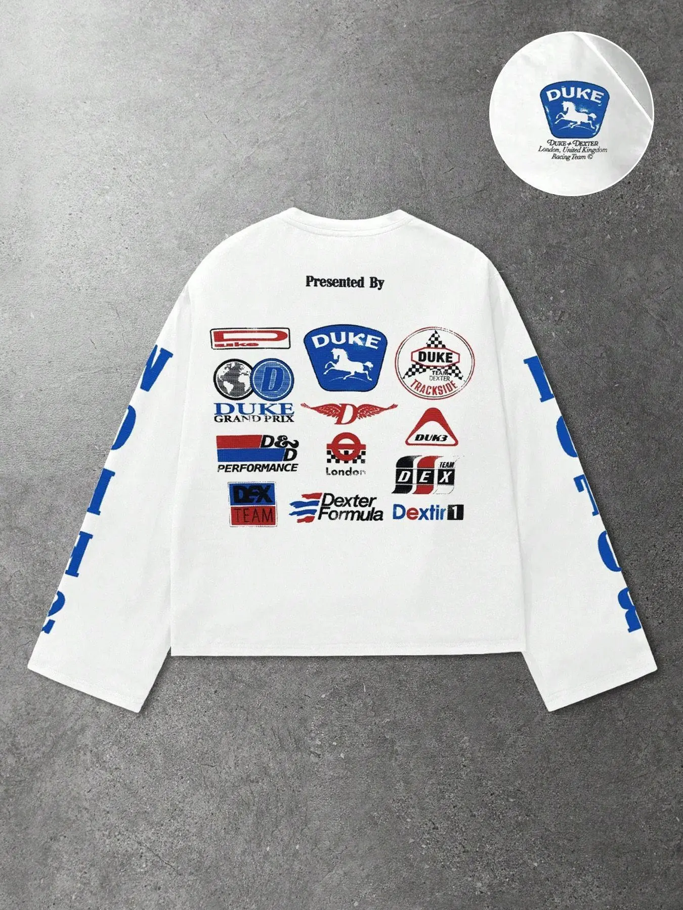 Men's American Racing Duke Multi-Logo Short Sleeve T-Shirt, Vintage Team Logo Print, Loose Fit, Long Sleeve, Casual Style, All Seasons