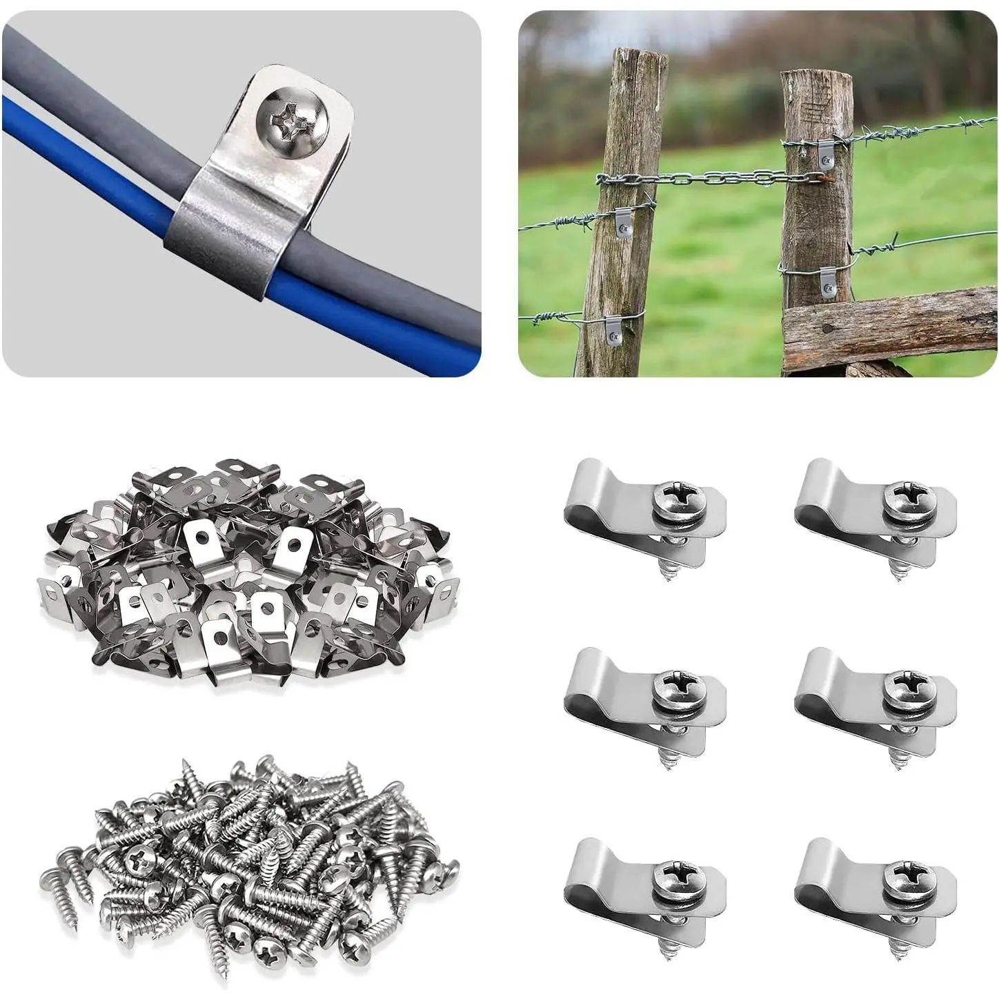 100 count Wired Fence Clamps Agricultural Wire Fence Clips with 100 count Stainless Steel Screws Wire Cord Clamp for 12-16 Gauge Welded Wire to ,Vinyl or Metal Fence or Christmas Tree (100)