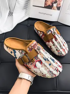 Men’s Ethnic Woven Pattern Closed Toe Mules, Adjustable Buckle Slip-on Clogs, Vintage Bohemian Style Flat Slippers, Comfortable Soft Footbed Casual Slides for Indoor Outdoor Daily Wear