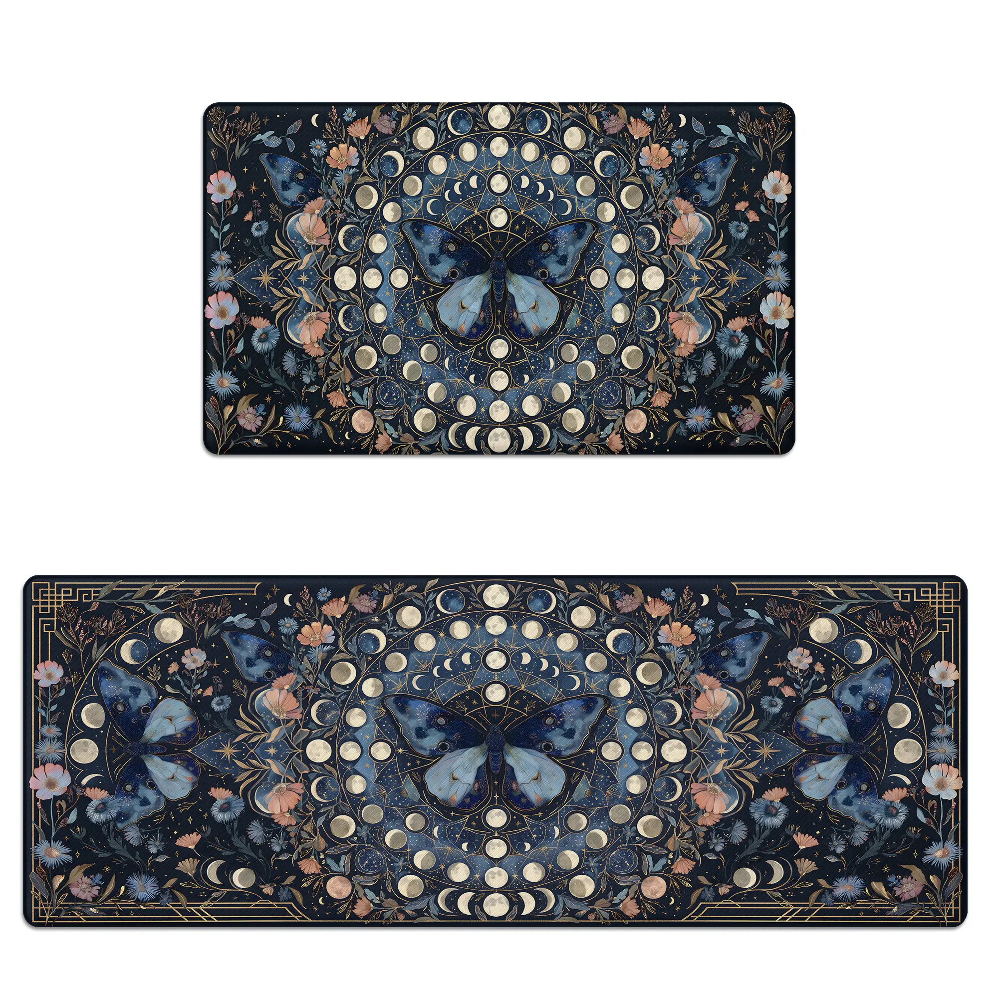Kitchen Mat Set of 2 Anti-Fatigue Cushioned Memory Foam Kitchen Rug, Non-Slip, Scratch-Resistant & Waterproof Bohemian Blue Butterfly Moon Phase