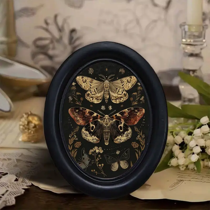 Vintage Dark Spooky Style Moth Specimen Decorative Painting, Oval Frame Wall Art for Bedroom Living Room, Halloween Christmas Thanksgiving Decoration Items