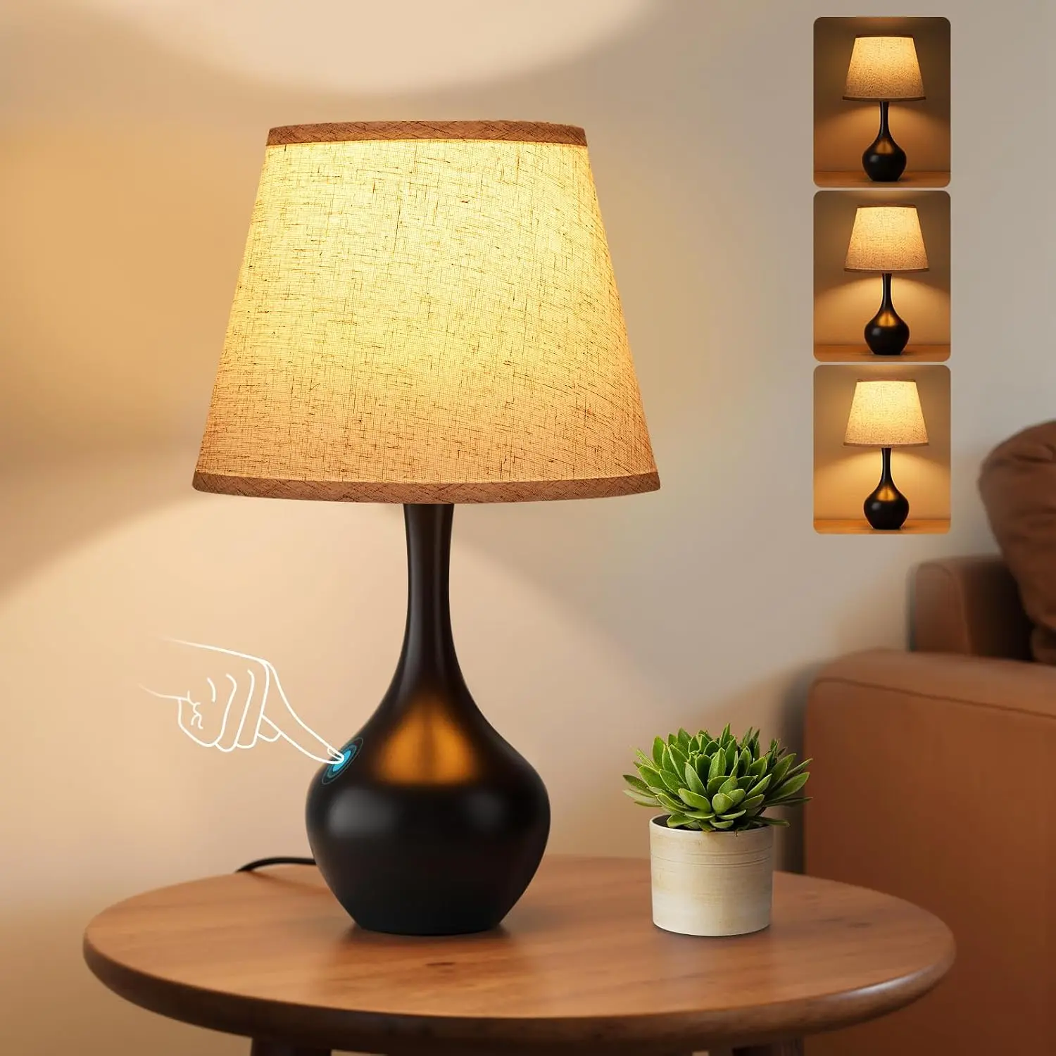 16.1" Touch Table Lamps for Nightstand, 3-Way Dimmable Small Bedroom Lamps for Night Stands, Black Bedside Lamps for Living Room, Kids Room, End Table