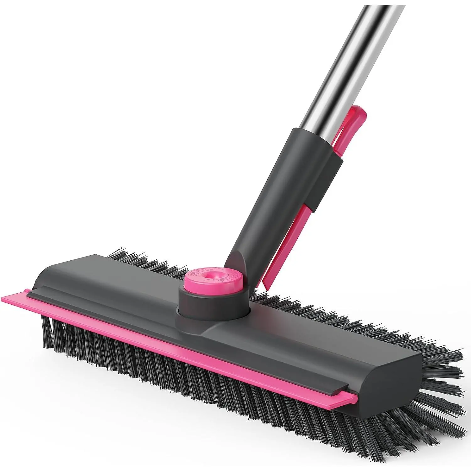3-in-1 Floor Scrub Brush with Long Handle, Heavy Duty Stiff Bristle Scrubber with Scraper, Extendable Shower & Bathroom Cleaning Brush for Tile, Patio, Pool, Garage, Kitchen, Wall & Deck (Gray & Pink)