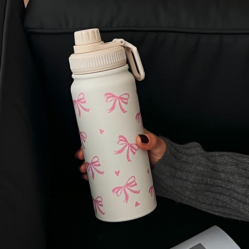 Bow Pattern Stainless Steel Vacuum Flask, 1 Count Portable Large Capacity Water Bottle, Summer Cool Bottle Drinking Cup for Home Office Outdoor Sports, Drinkware, Vacuum Insulated Flask, Stainless Steel Tumbler