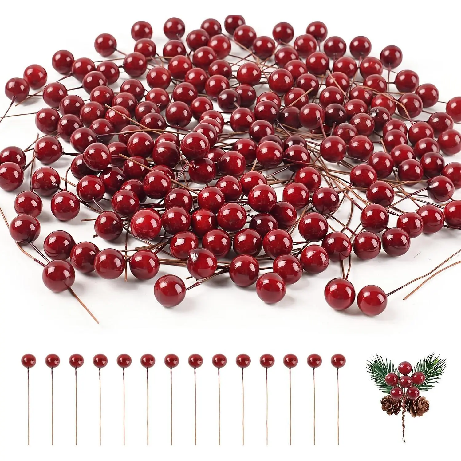 Mini Artificial Berries, 200 count  Lifelike  Berry  Fruit for Christmas Wreath Ornament DIY  Decor Photography Props
