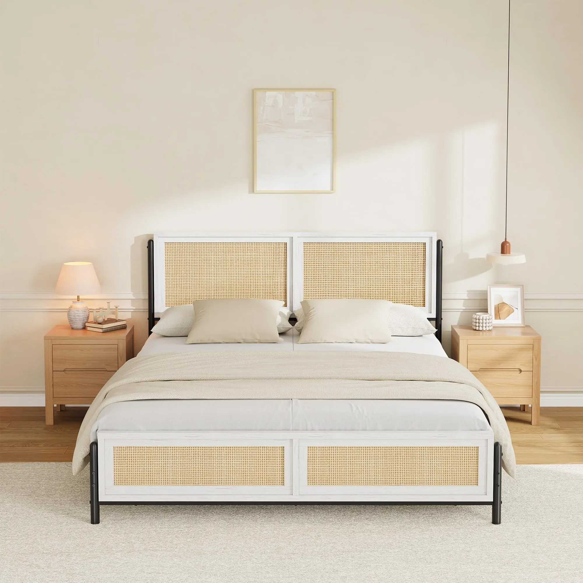 Garvee Queen Rattan Bed Frame Queen with Natural Rattan Headboard and Footboard, Boho Platform Bed with Metal Slats, Wooden Side Rails, Noise Free, No Box Spring Needed