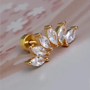 1PC 20G Stainless Steel Curve Horse Eye Cubic Zirconia Flat Back Cartilage Helix Piercing Stud Earring For Women Claasic Earring