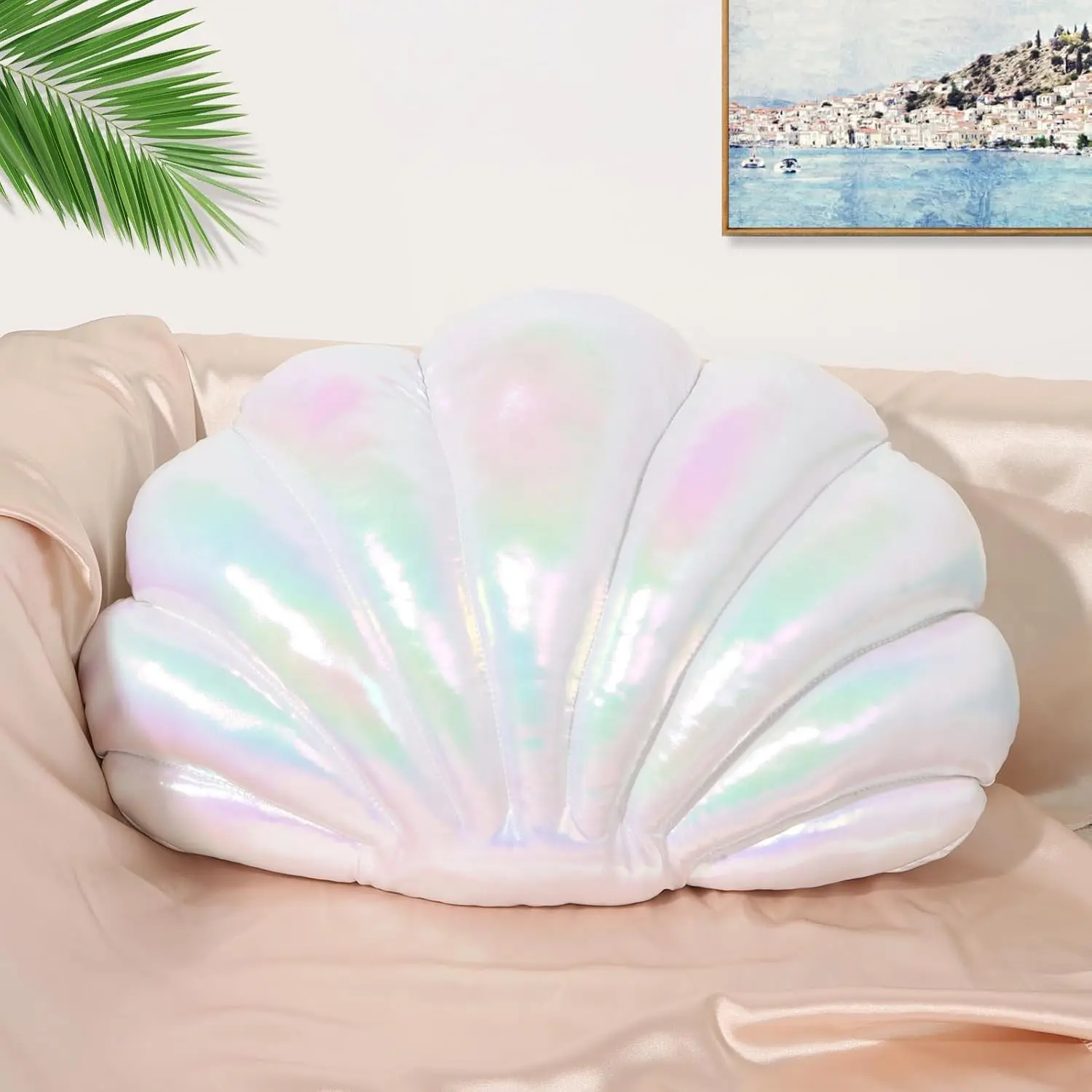 Marble Empire Seashell Pillow - Holographic Iridescent Foil Fabric Throw Pillow for Couch, Coastal Beach Theme Decor, Ocean Themed Bedroom Living Room Accent Pillow（Pearl White,14×11''）