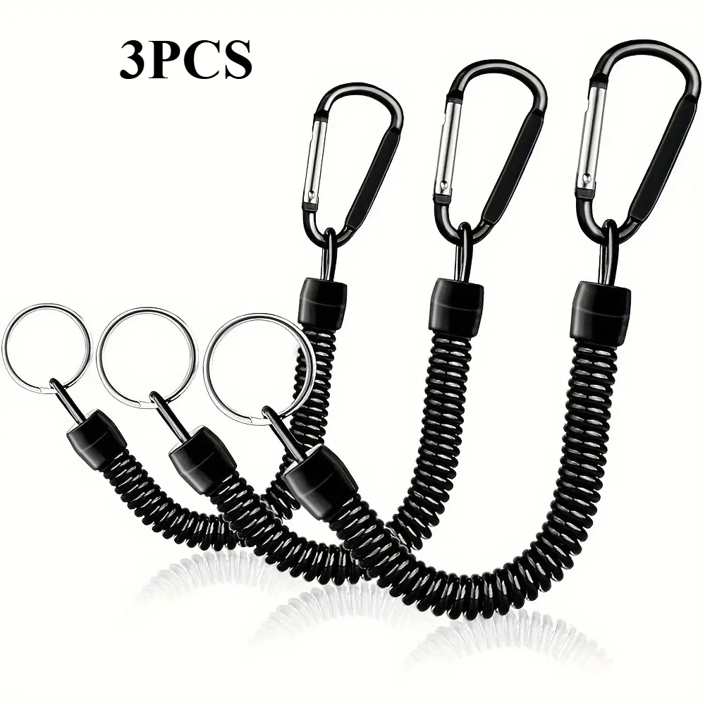 Set of 3 Black Spring Coil Keychains -Anti loss keychain keychain Retractable Wrist Strap Safety Rope, with Carabiner and Ring, Outdoor Activities & Travel - Great Gift for Hikers & Adventurers