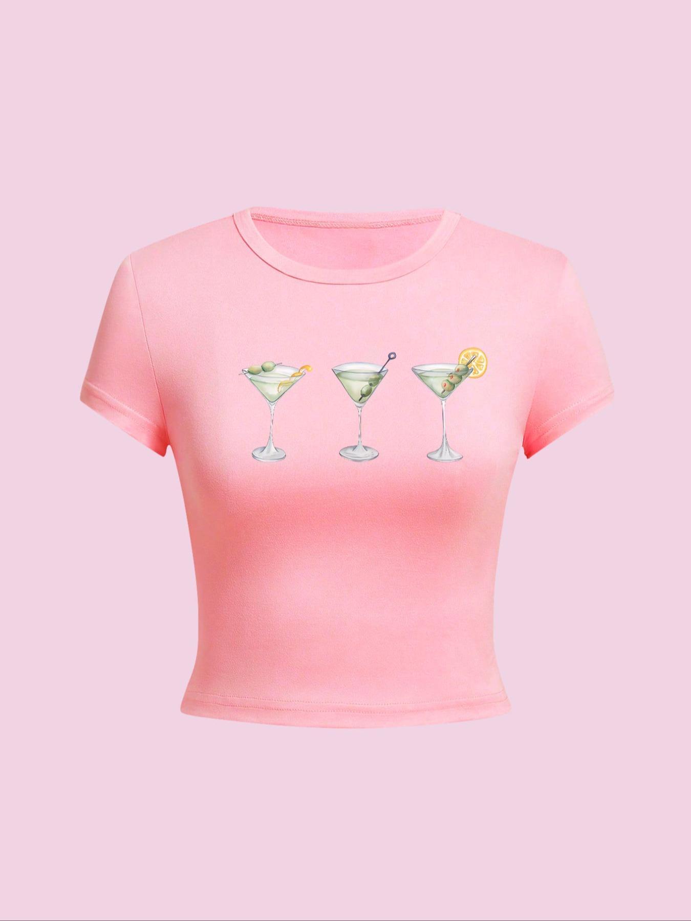 Women's Beverage Print Round Neck Crop Tee, Casual Short Sleeve Crew Neck T-shirt for Daily Wear, Casual Everyday Wear, Summer Tops, Ladies Back To School Clothes for All Seasons