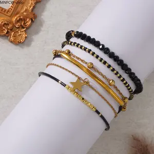 2026 Viral 6-Piece Thin Beaded Bracelet Set Women, Black Crystal Onyx Square Bead Stainless Steel Letter Chain, Versatile Cross Border Stackable Fashion Jewelry