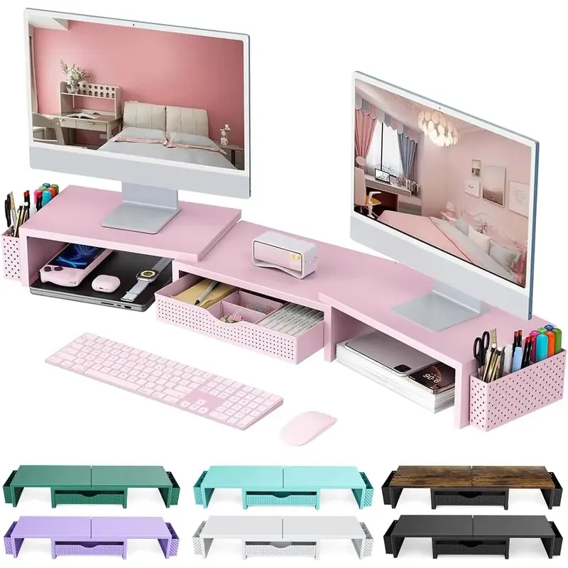 Pink 2 Monitors Dual Stand Riser - Home Organizer Desk Accessory with Drawer Storage, 2 Pen Holders, Office Accessories, Risers & Drawers for Home, Office Use