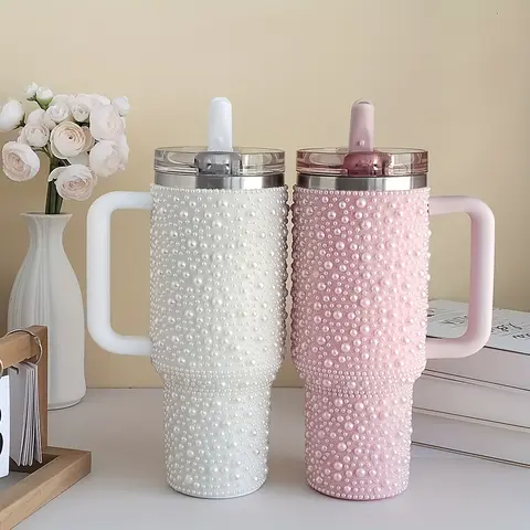 40oz Cylindrical Stainless Steel Double Wall Insulated Straw Tumbler Mug - Single Unit Portable Vacuum Flask with Handle, Straw, Heat-Retaining, Leak-Proof, Sublimation Oven Printing Compatible, Outdoor Sports Use, Adults' Holiday Gift