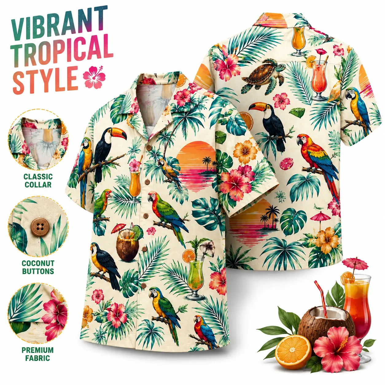 Men's Short-Sleeve Hawaiian Button-Down Shirt - Island Vibes, Vibrant Parrot-Toucan-Hibiscus-Palm Leaf-Sunset Print, Classic Collar, Coconut Buttons, Lightweight Menswear Fabric, Summer Vacation Luau Cruise Beach Top, Shortsleeve