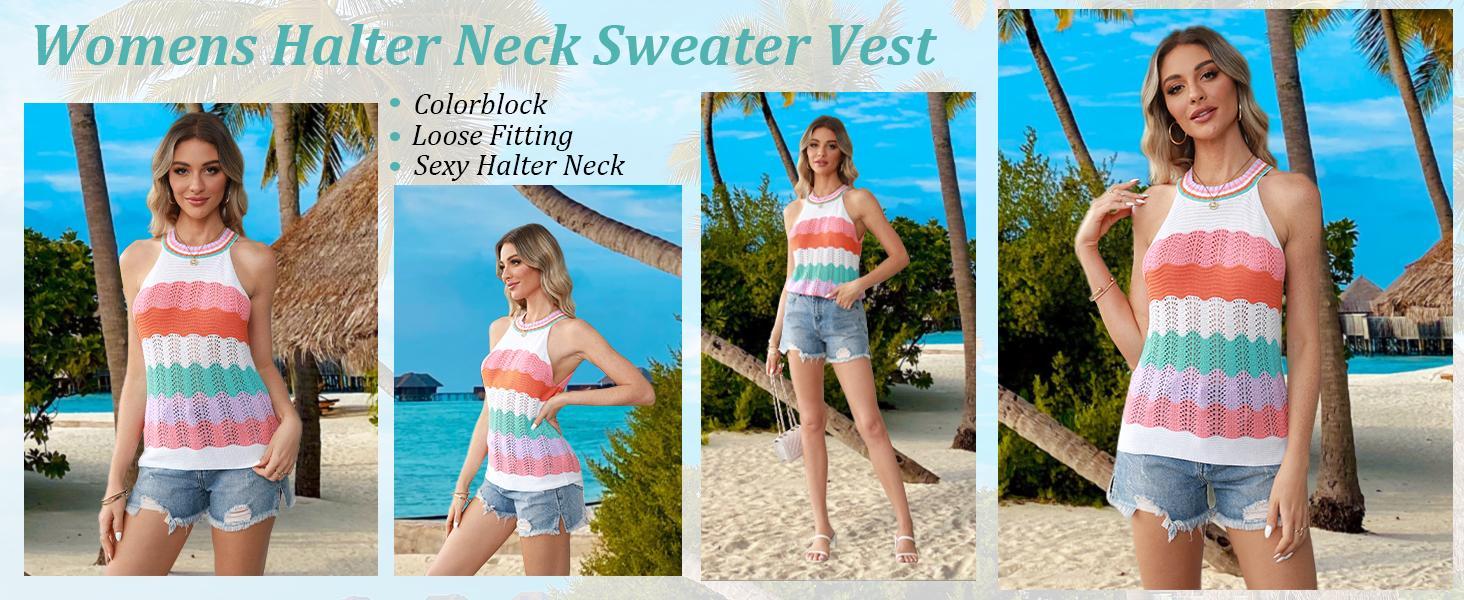 Imily Bela Women’s Halter Neck Sweater Vest Color Block Sleeveless Loose Knit Tank Top Summer Cute Casual dressy tops Cami Comfort tank tops