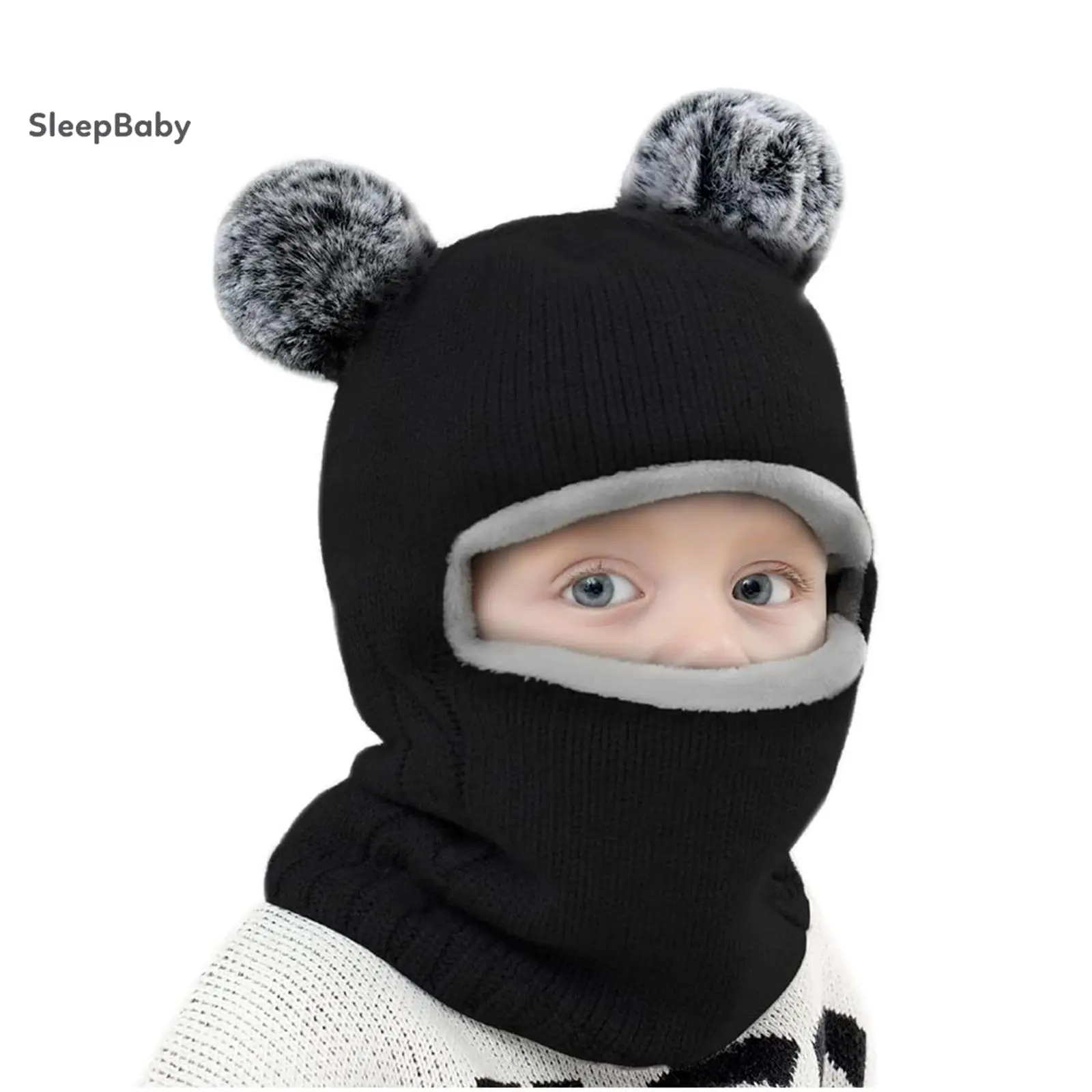Unisex Toddler Knitting Warm Hat - Polyester Windproof 2-in-1 Balaclava Gaiter Neck Scarf, Thick Fleece Lined, Soft Knit, Cartoon Bear Pom Pom Ears for Ski, Outdoor Cold Weather