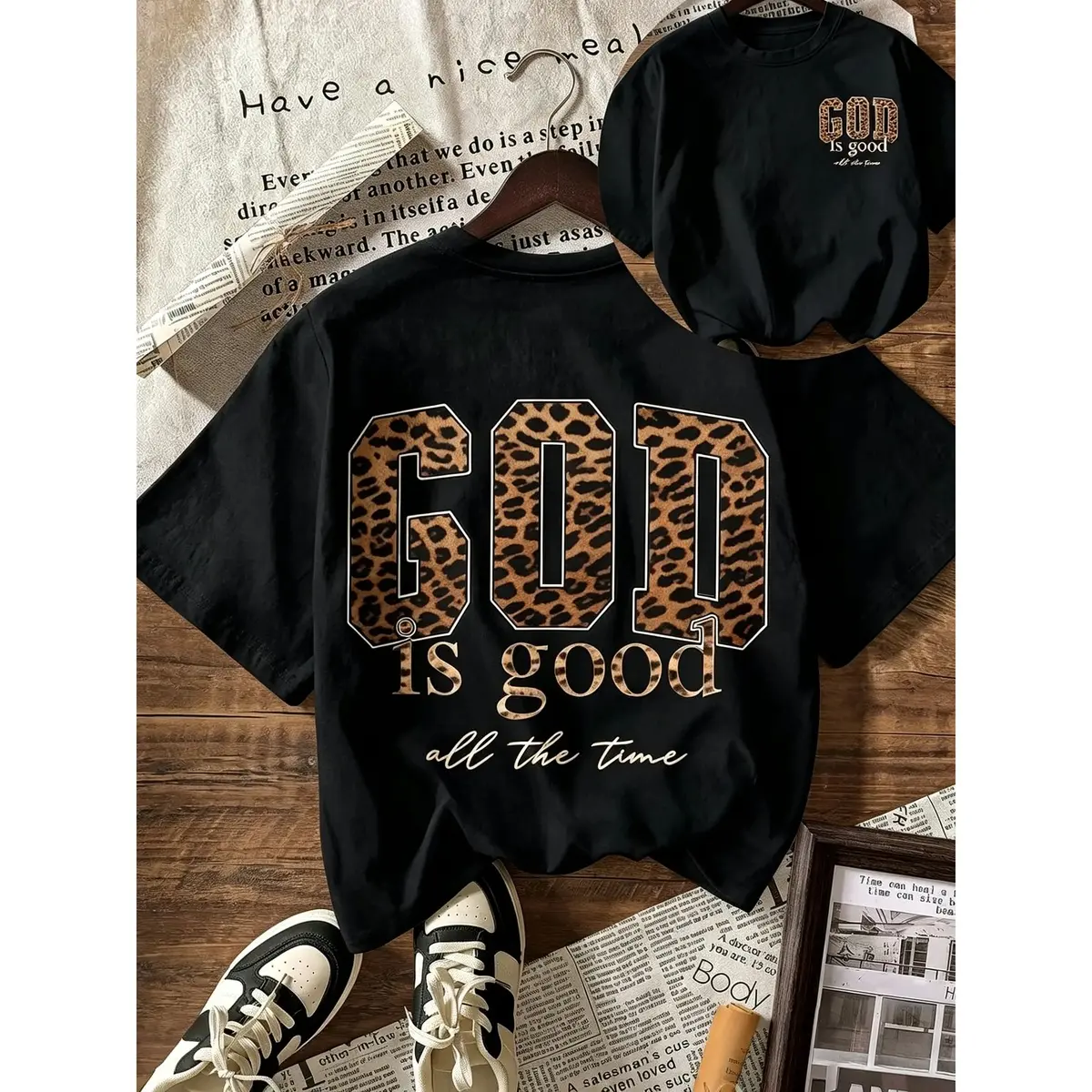 Women's 100% Cotton Loose-Fit Figurative Faith T-Shirt, Vintage Leopard Graphic, Round Neck, Short Sleeve, All-Season Machine-Washable Casual Sports Top