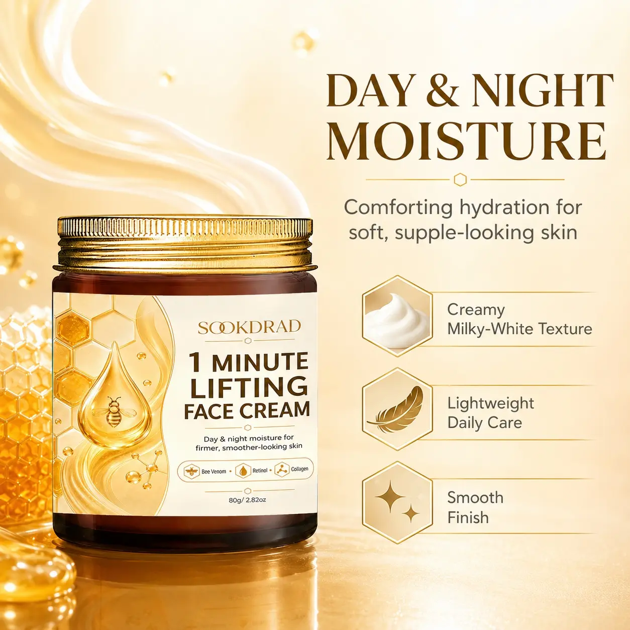 1 Minute Lifting Face Cream, Bee Venom, Retinol, Collagen, Day and Night Moisturizer, Firmer Smoother Skin, 80g